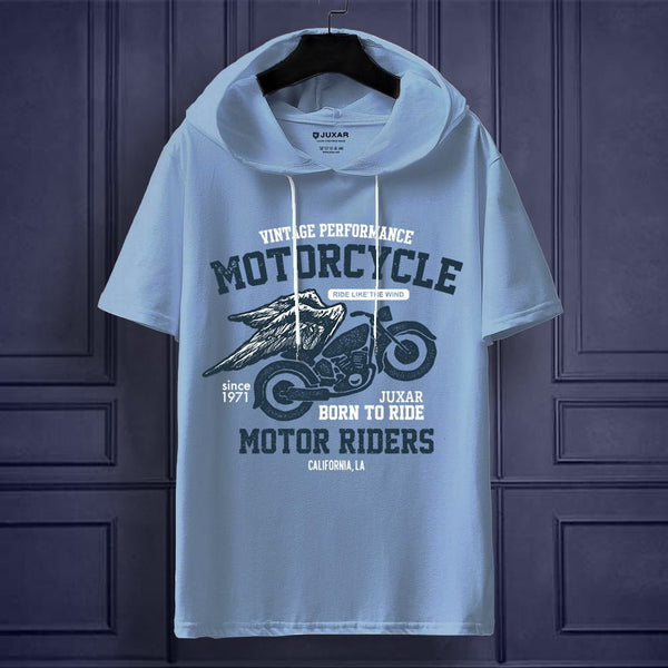 Light blue oversized hooded t shirt for men with vintage motorcycle graphic and short sleeves casual streetwear