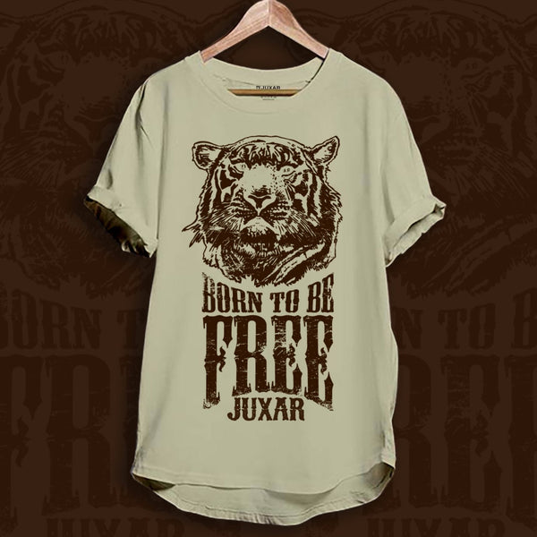 Juxar cotton longline tee with tiger head Born to Be Free graphic oversized longline t shirt in beige