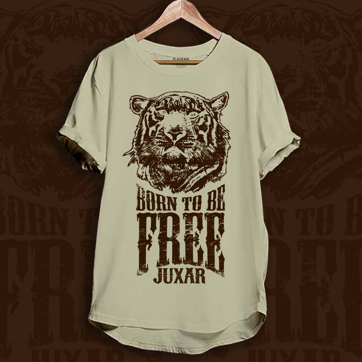 Juxar cotton longline tee with tiger head Born to Be Free graphic oversized longline t shirt in beige