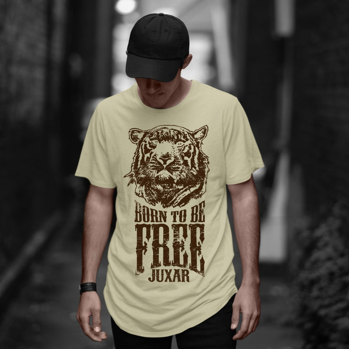 Juxar cotton oversized longline t shirt in beige with brown tiger Born to Be Free graphic on model