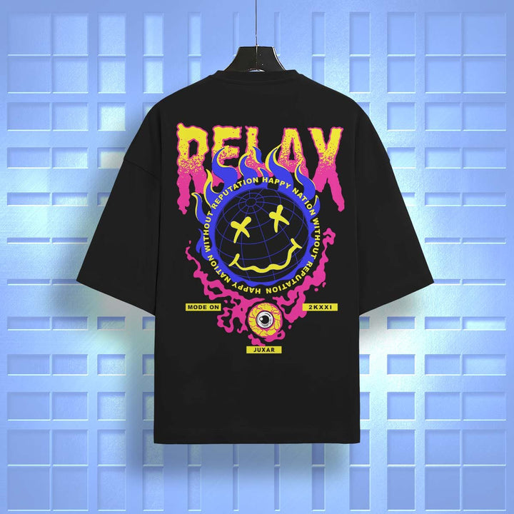 Juxar black oversized t-shirt with colorful Relax graphic and smiley face design on back