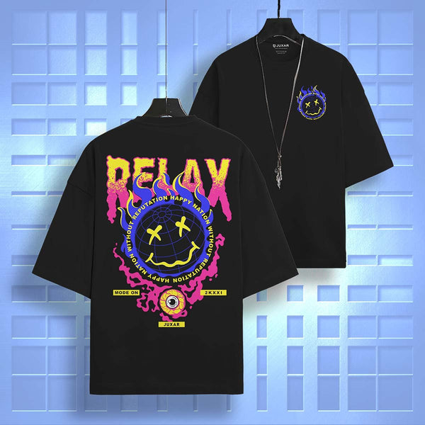 Juxar black printed oversized t-shirt with colorful relax graphic and smiley face design