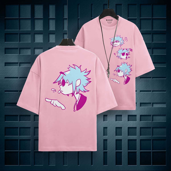 Juxar pastel cotton oversized t-shirt in pink with vibrant anime character graphic on front and back