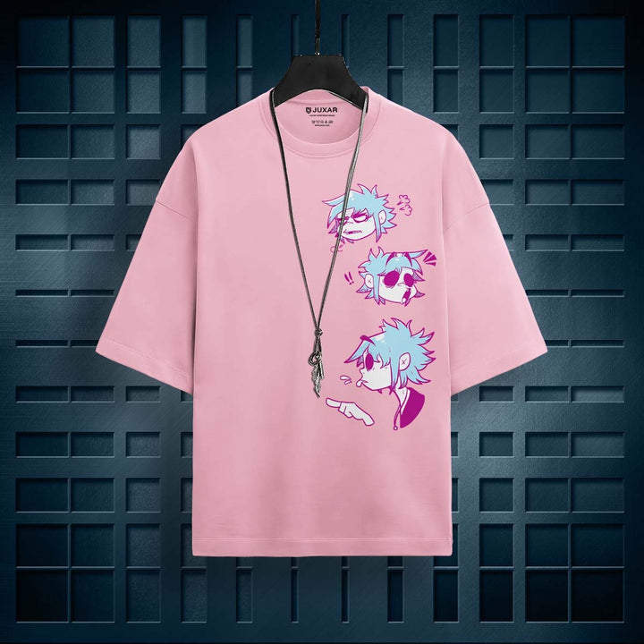 Juxar pastel cotton oversized t-shirt in pink with graphic cartoon face prints and necklace accessory