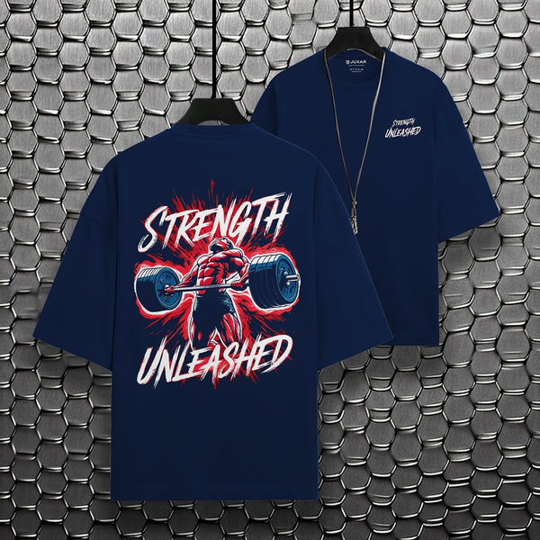 Juxar pastel cotton oversized t-shirt in navy with Strength Unleashed weightlifting graphic design