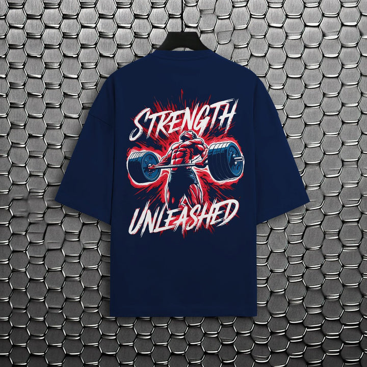 Juxar pastel cotton oversized t-shirt in navy with strength unleashed weightlifting graphic