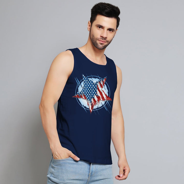 Juxar men's patriotic star sando navy blue sleeveless shirt with American flag star design