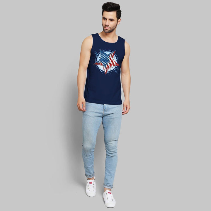 Juxar men's navy blue patriotic star sando with American flag design paired with light blue jeans