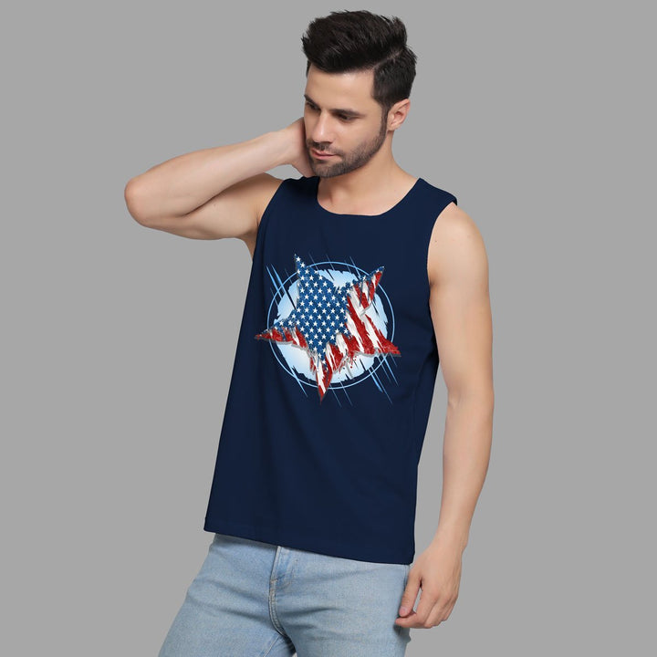 Juxar mens navy blue patriotic star sando with American flag star graphic front