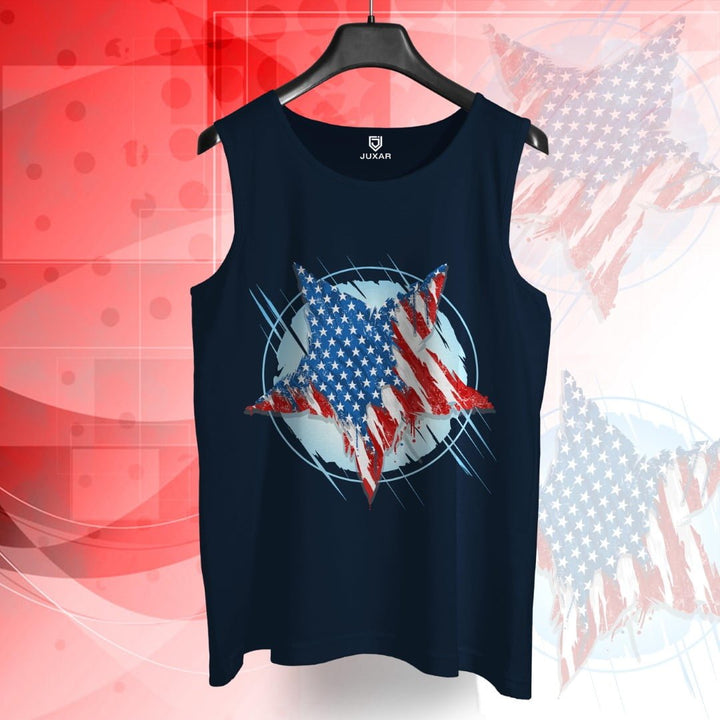 Juxar men's navy tank top with patriotic star sando print featuring American flag design
