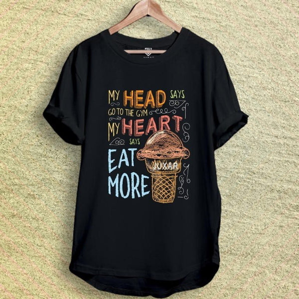 Juxar black plain cotton longline t shirt with rolled sleeves ice cream cone graphic and Eat More slogan