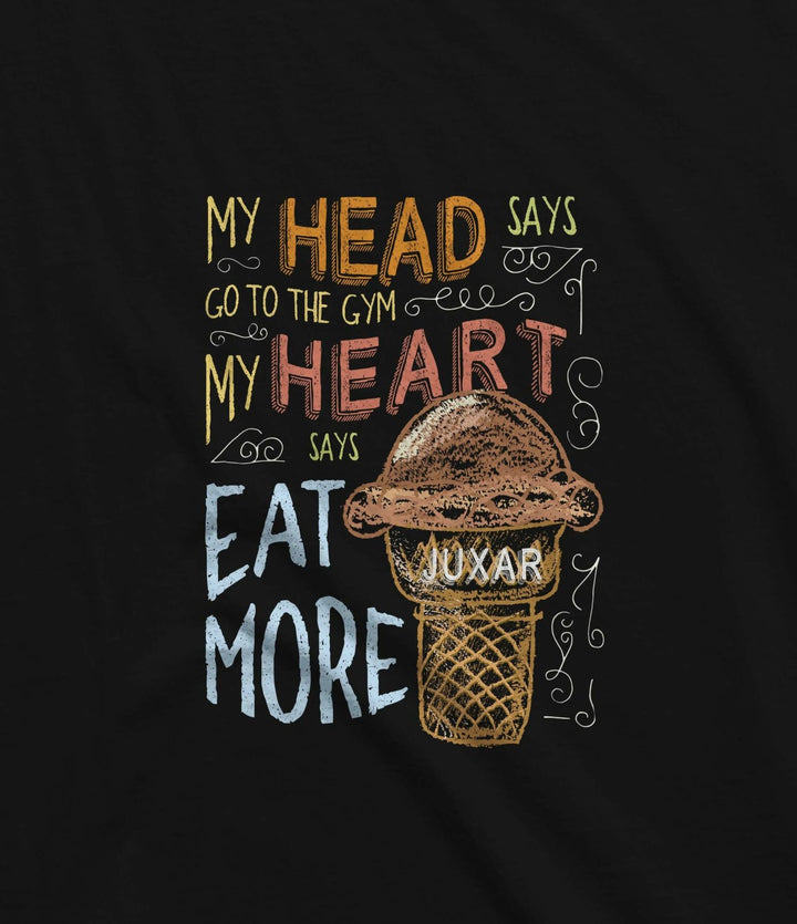 Juxar plain cotton longline t shirt black with colorful ice cream cone and My head says go to the gym my heart says eat more