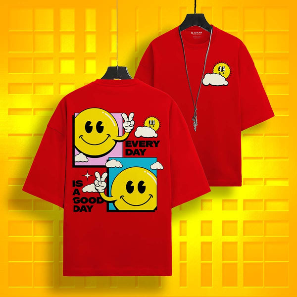 Juxar red plain cotton oversized t-shirt with smiley face graphic and positive message design