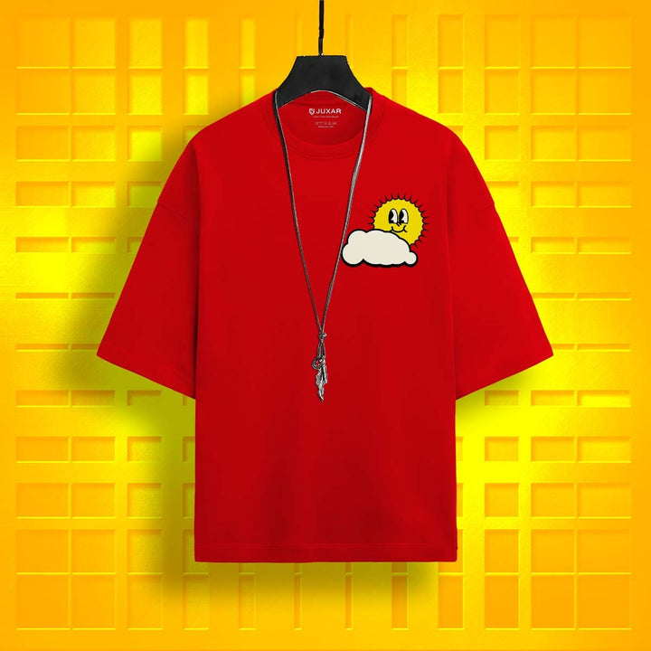 Juxar red plain cotton oversized t-shirt with sun and cloud graphic and a hanging necklace