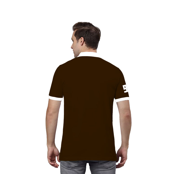 Juxar plain cotton polo t shirt dark brown back view with white collar and cuffed sleeves casual