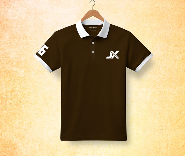 Juxar brown polo shirt with white collar and sleeve trim featuring JX logo and 6 on sleeve plain cotton polo t shirt