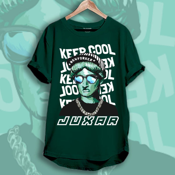 Juxar green cotton plain longline t shirt with graphic Statue of Liberty wearing sunglasses and chain