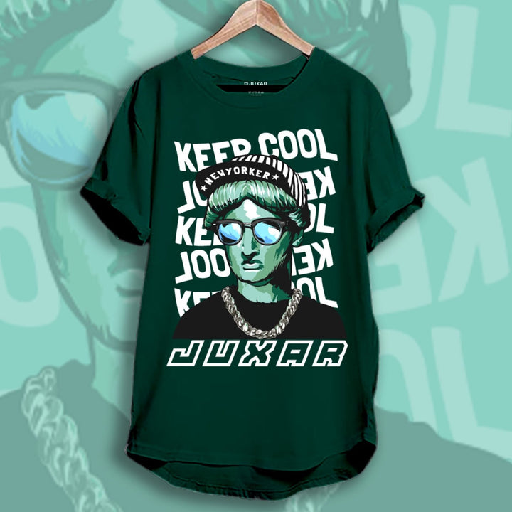 Juxar green cotton plain longline t shirt with graphic Statue of Liberty wearing sunglasses and chain