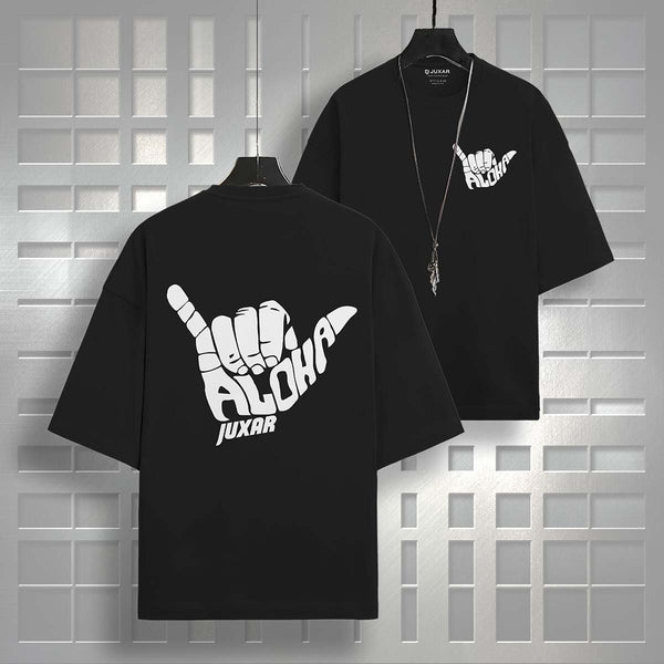 Juxar black oversized plus size cotton t-shirt with white aloha hand graphic on front and back