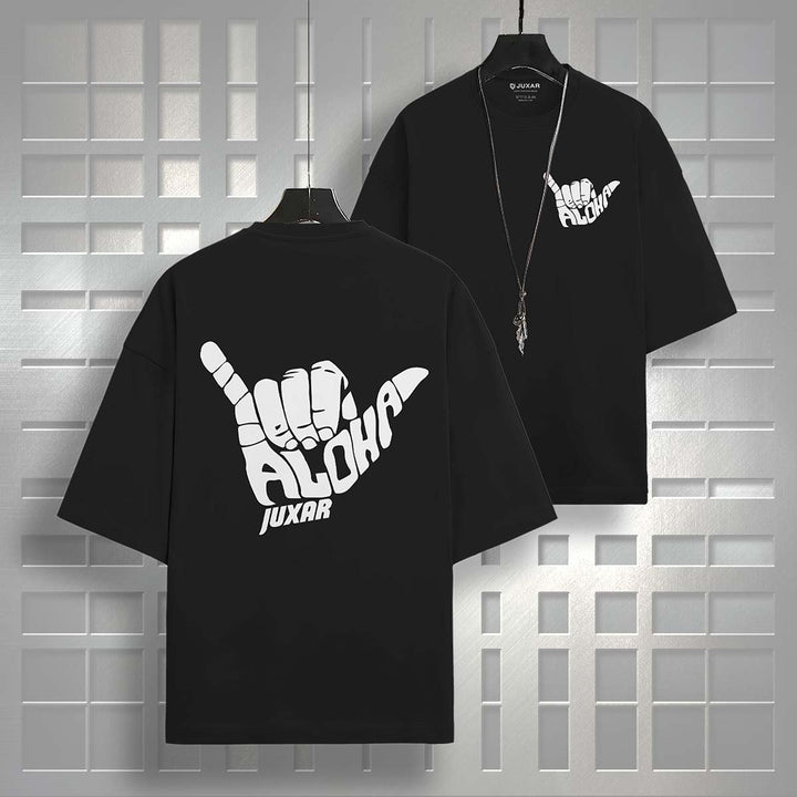 Juxar black oversized plus size cotton t-shirt with white aloha hand graphic on front and back