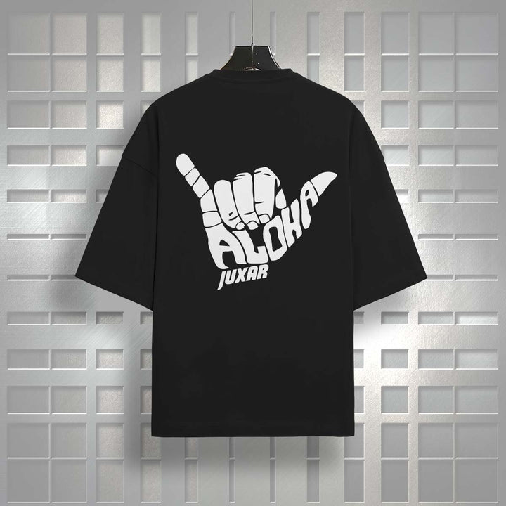 Juxar black oversized plus size cotton t-shirt with white aloha hand graphic on back