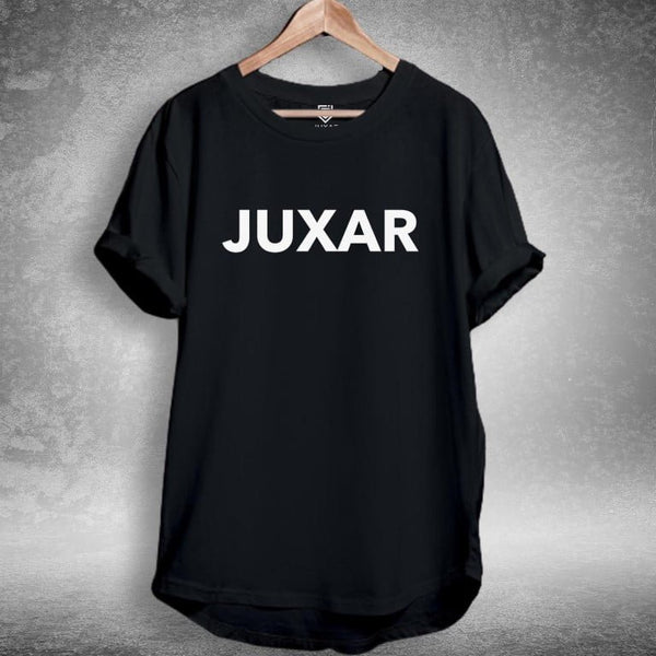 Juxar black longline tee on wooden hanger with white logo premium cotton longline t shirt for casual wear