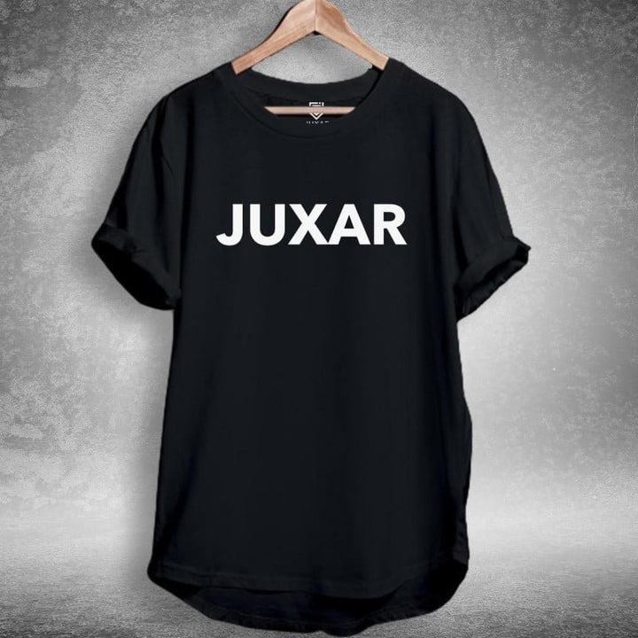 Juxar black longline tee on wooden hanger with white logo premium cotton longline t shirt for casual wear
