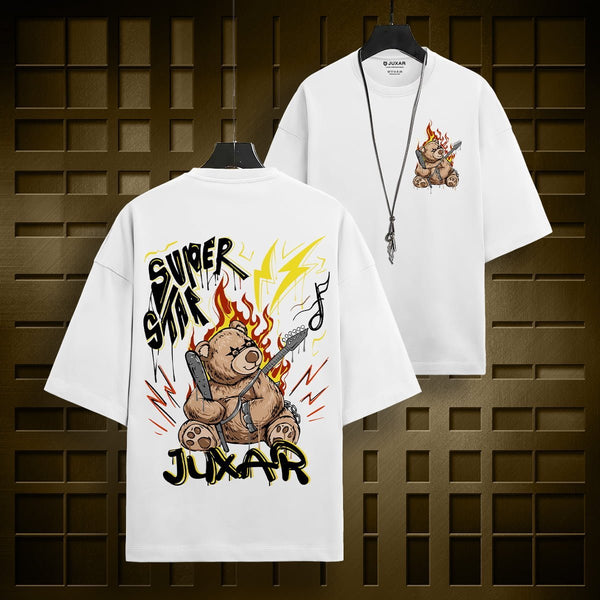 Juxar premium cotton loose fit t-shirt oversized white with flaming teddy bear graphic and music design