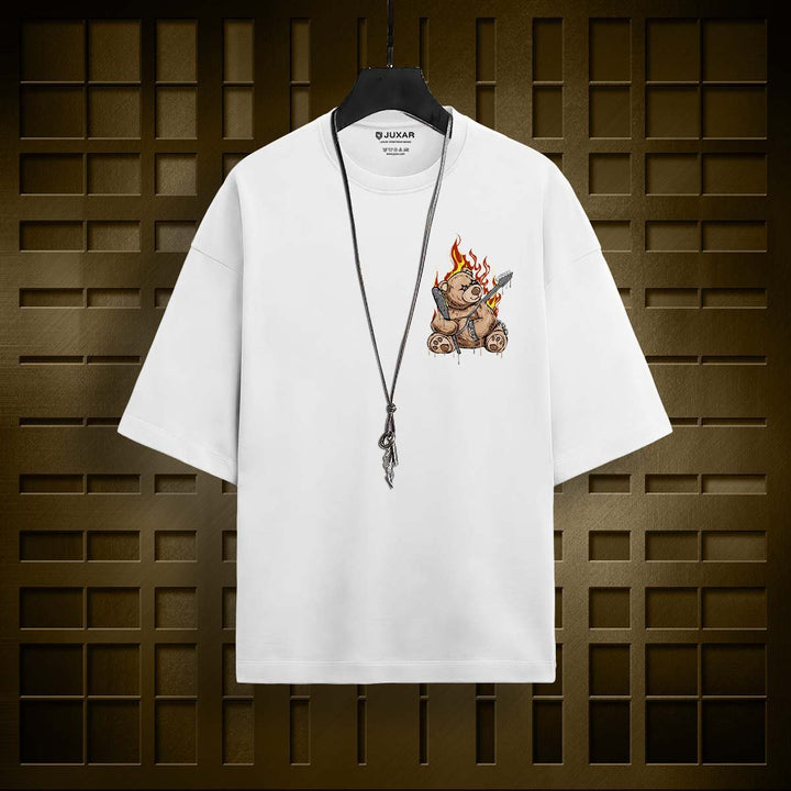 Juxar white oversized premium cotton loose fit t-shirt with a flaming teddy bear graphic on front