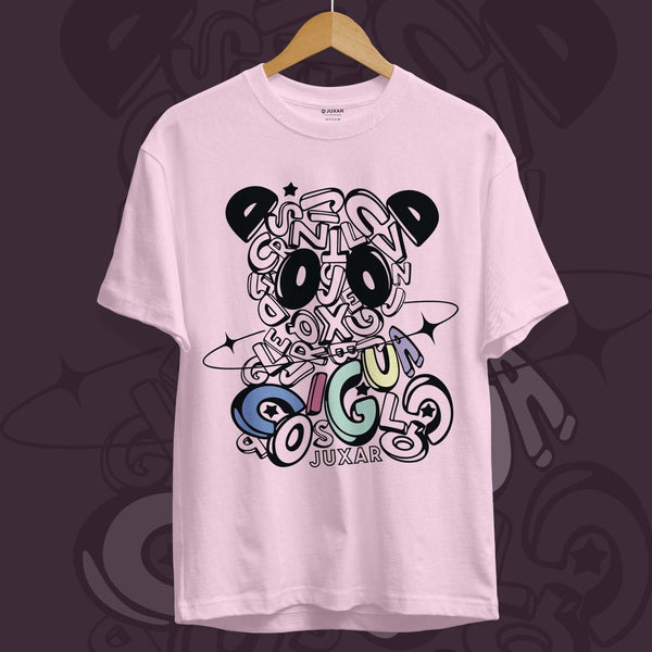 Juxar premium cotton t shirt online featuring a pastel pink color with artistic panda graphic design