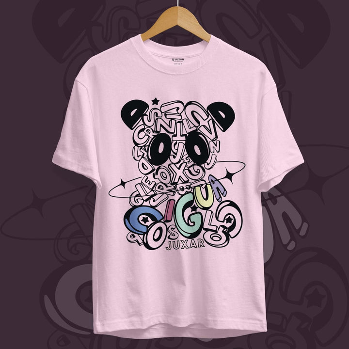 Juxar premium cotton t shirt online featuring a pastel pink color with artistic panda graphic design