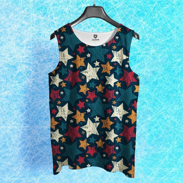 Juxar men's printed gym vest with colorful star pattern on dark background