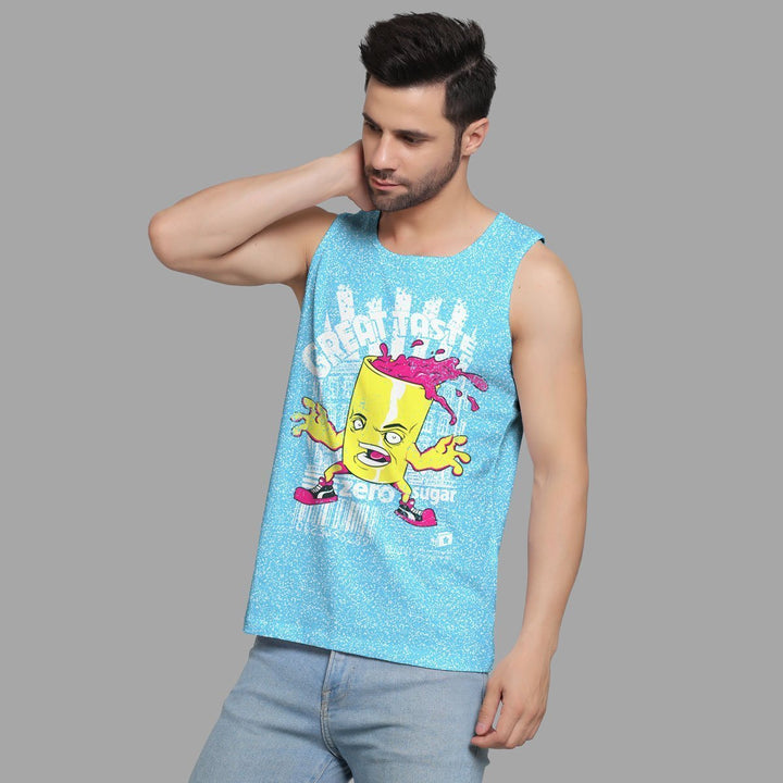 Juxar printed sando for men in blue with a colorful cartoon graphic and casual fit