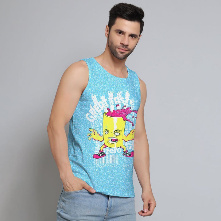 Juxar printed sando for men in blue with cartoon graphic design and sleeveless fit