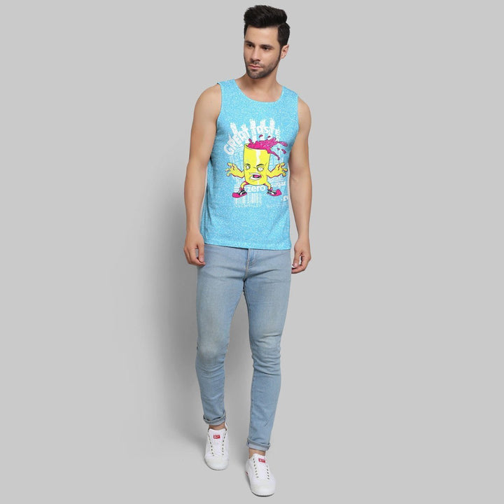 Juxar printed sando for men in blue with cartoon graphic paired with light blue jeans and white sneakers