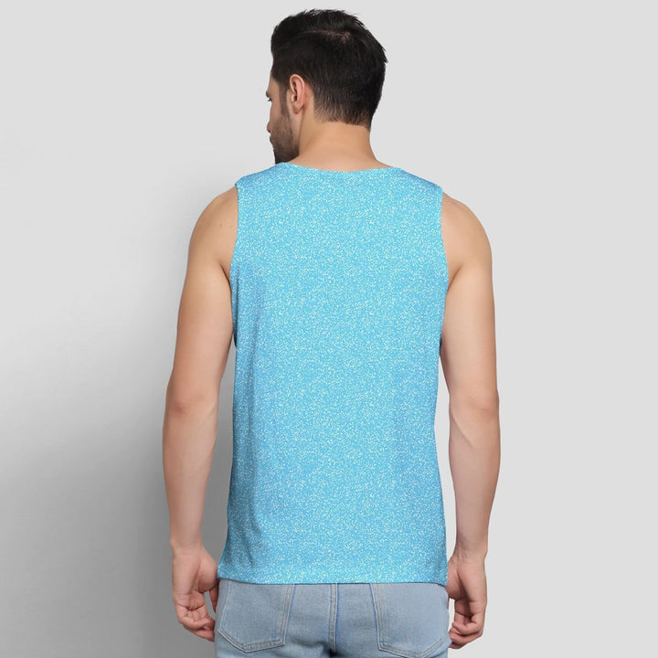 Juxar blue printed sando for men worn by a male model showing the back view
