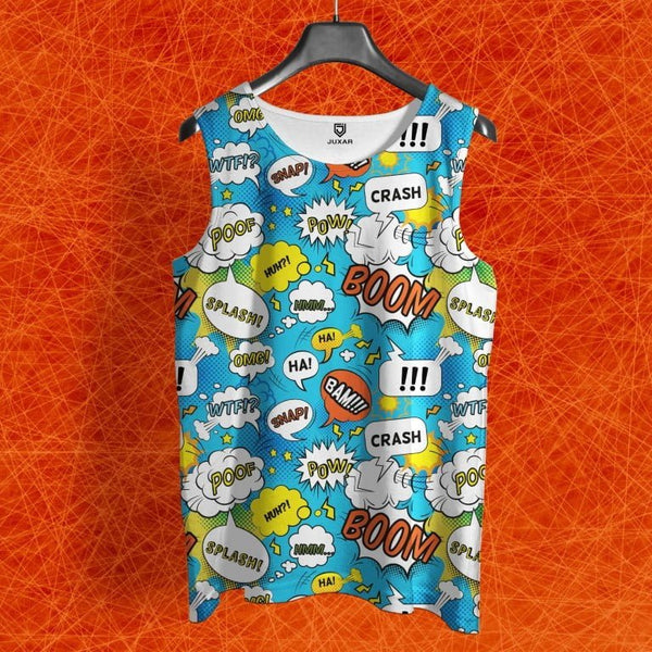 Juxar printed sando for men with colorful comic-style graphic design on blue background