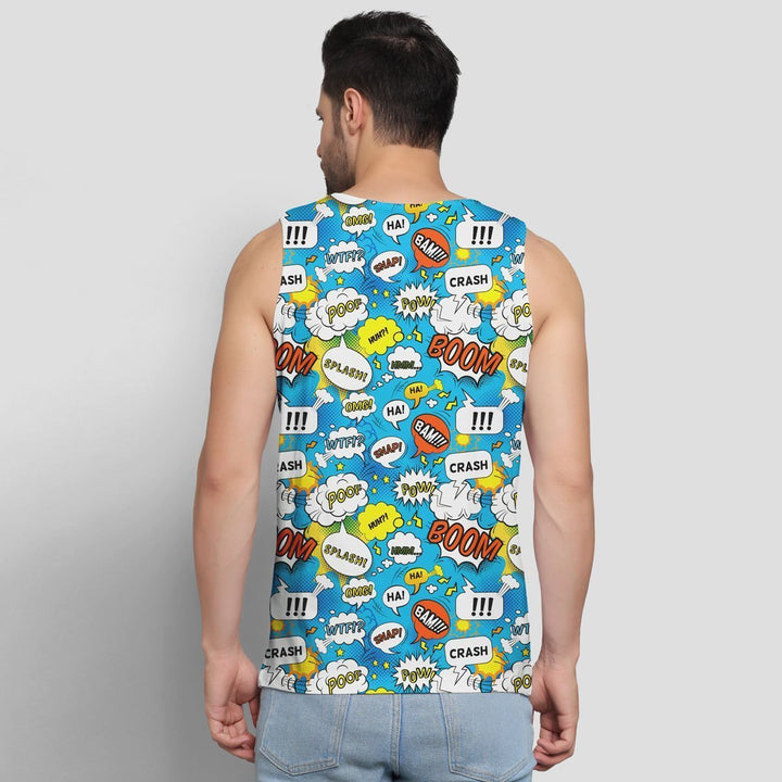 Juxar printed sando for men with colorful comic word patterns on a blue background