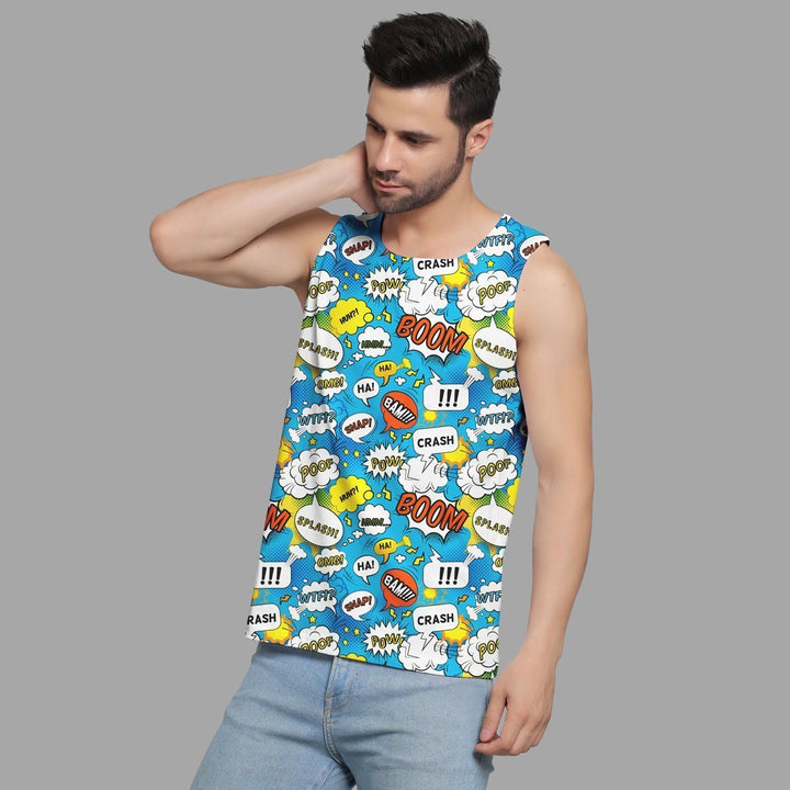 Juxar printed sando for men with colorful comic-style text and graphics in blue and white