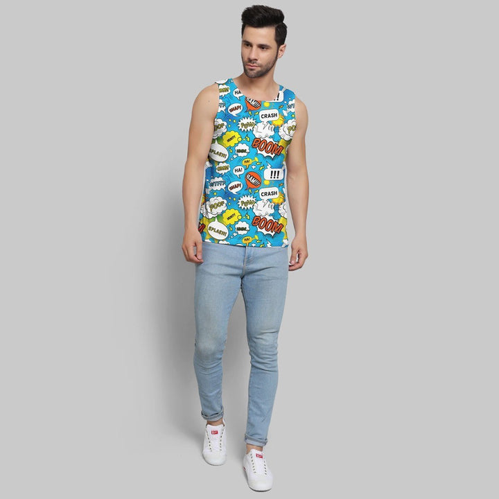 Juxar printed sando for men in vibrant comic style paired with light blue jeans and white sneakers