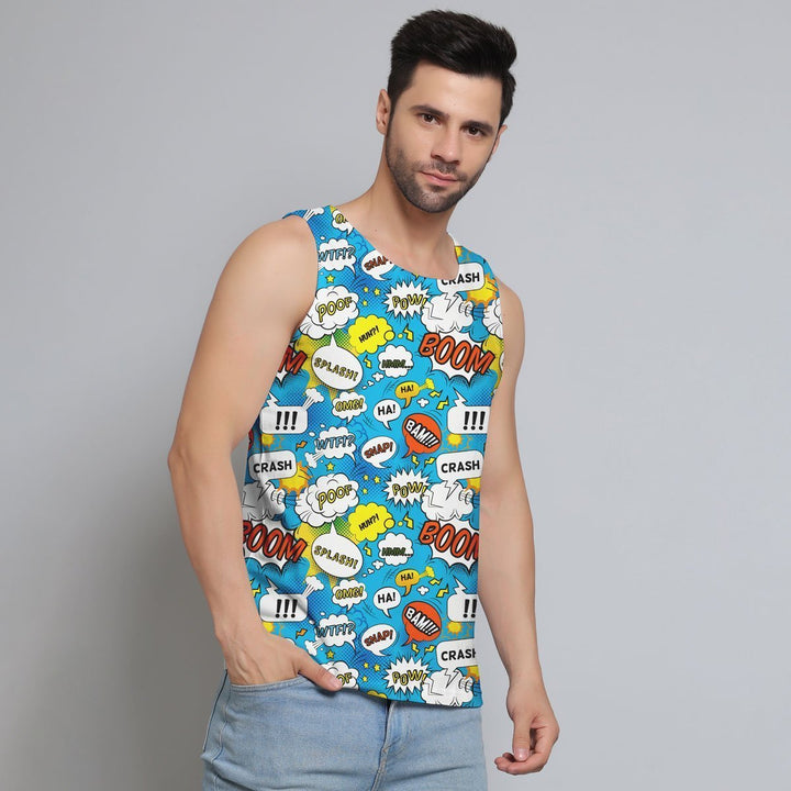 Juxar printed sando for men with colorful comic pop art design and sleeveless fit