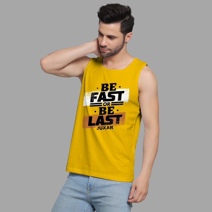 Juxar printed sando for men in yellow with be fast or be last graphic design