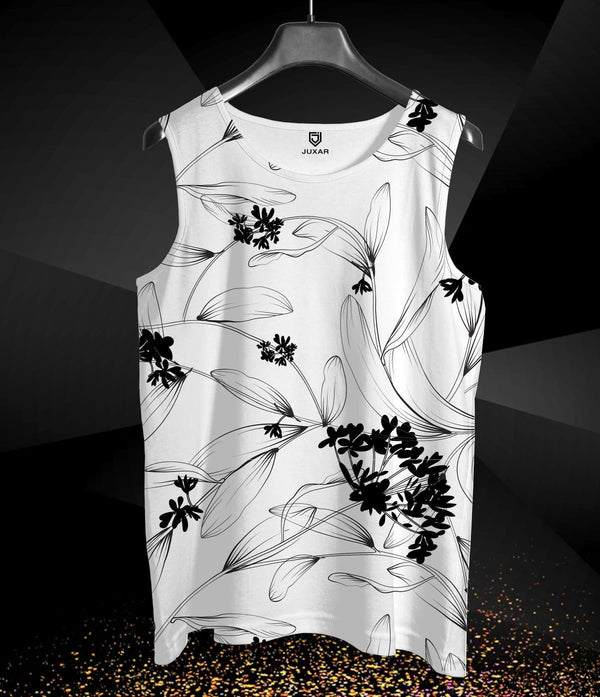 Juxar men's printed vest for summer with black floral design on white background
