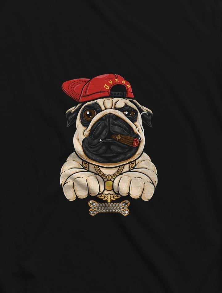 Juxar mens black pug print sleeveless shirt featuring a pug with red cap and cigar graphic