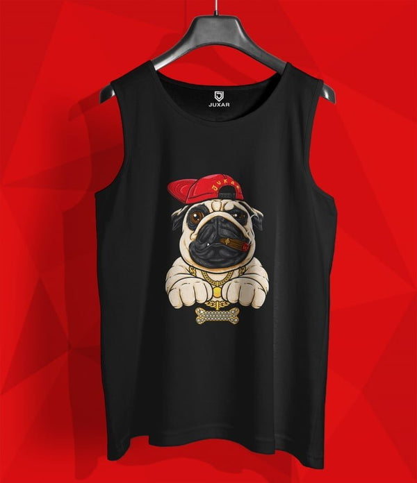 Juxar men's black pug print sleeveless shirt featuring a pug with red cap and gold chain