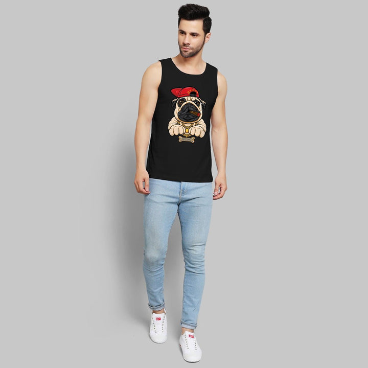 Mens black pug print sleeveless shirt by Juxar featuring a pug with a red cap paired with light blue jeans