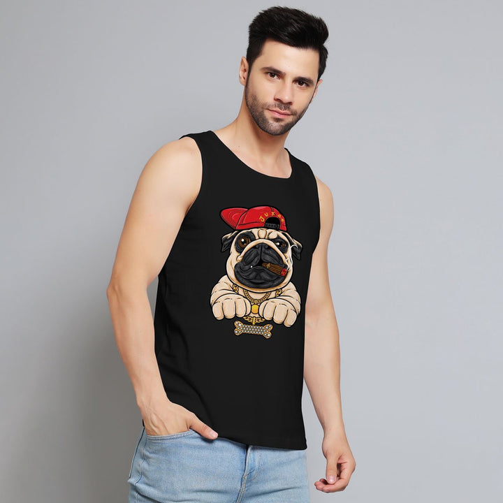Mens black pug print sleeveless shirt by Juxar featuring a pug wearing a red cap and gold chain