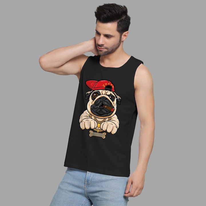Men wearing black pug print sleeveless shirt with cartoon pug in red hat and gold chain design
