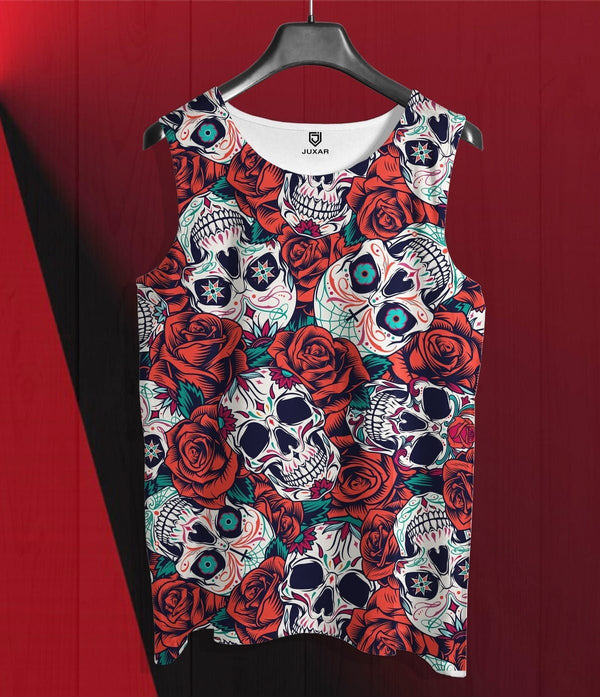 Juxar quick-dry sleeveless men tank top with colorful skull and red rose print design