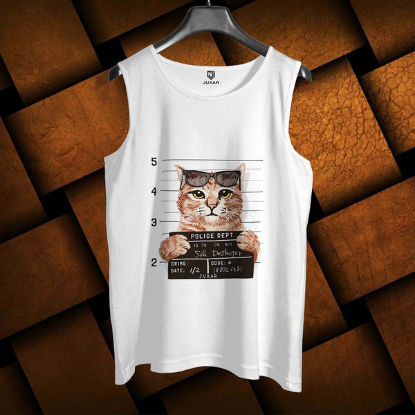 Juxar mens quirky animal print sando white tank top featuring a cool cat mugshot graphic